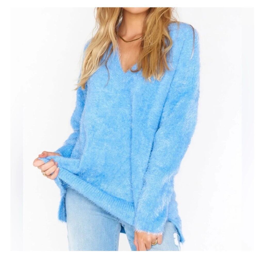 Show Me Your Mumu Cozy Forever Knit Sweater Eyelash Women Medium Blue Relaxed